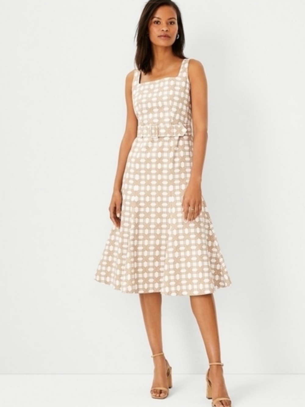 Ann Taylor Cotton/Linen Blend Rattan Print Belted Fit & Flare Dress Size 18 NWT